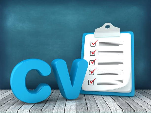 Analyse des documents du candidat à un entretien d'embauche Lettre de motivation et CV avec une liste de vérification sur un fond bleu.